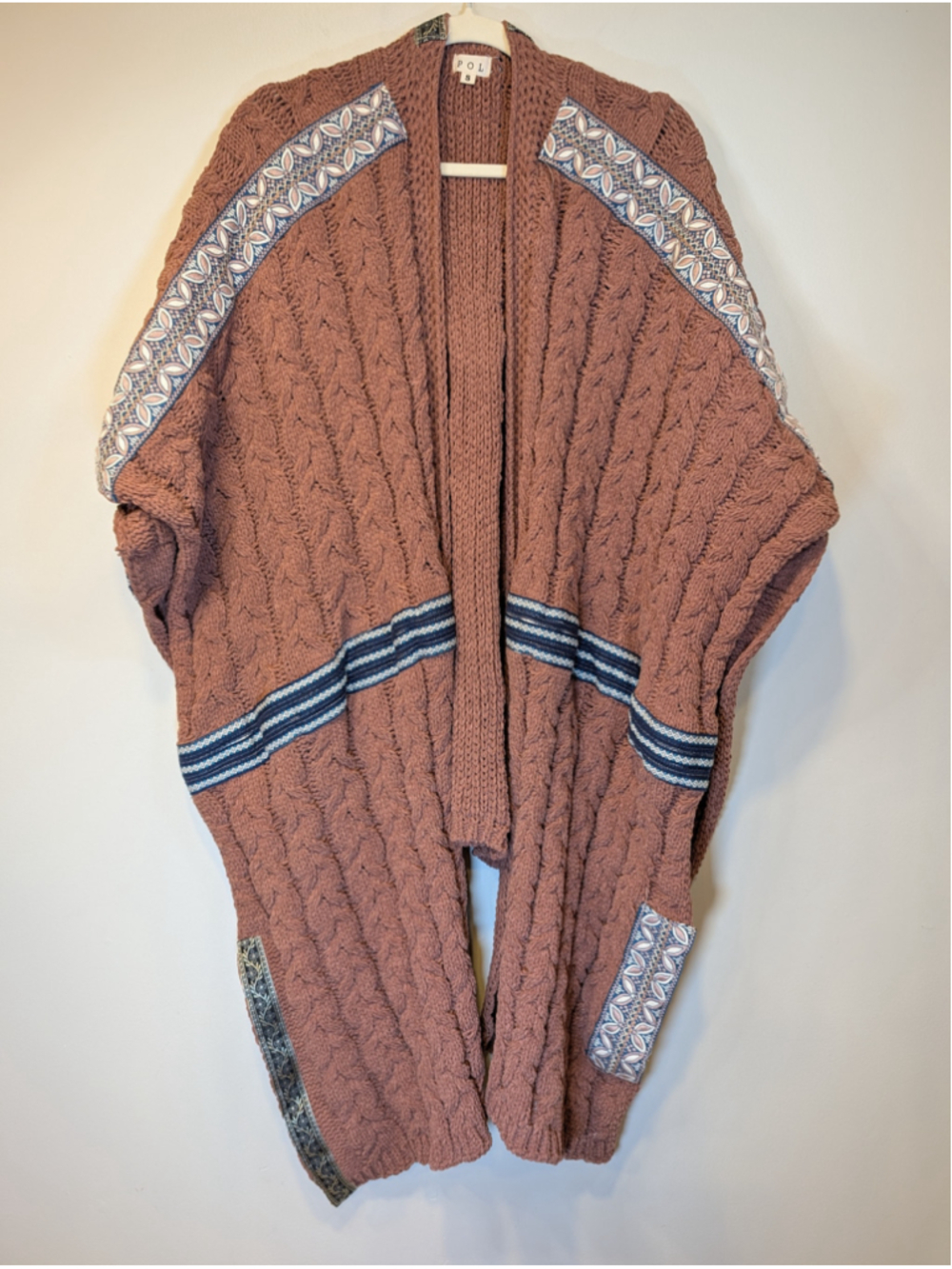 POL Oversized Chenille Cable Knit Cardigan Dusty Rose Ribbon Trim Small